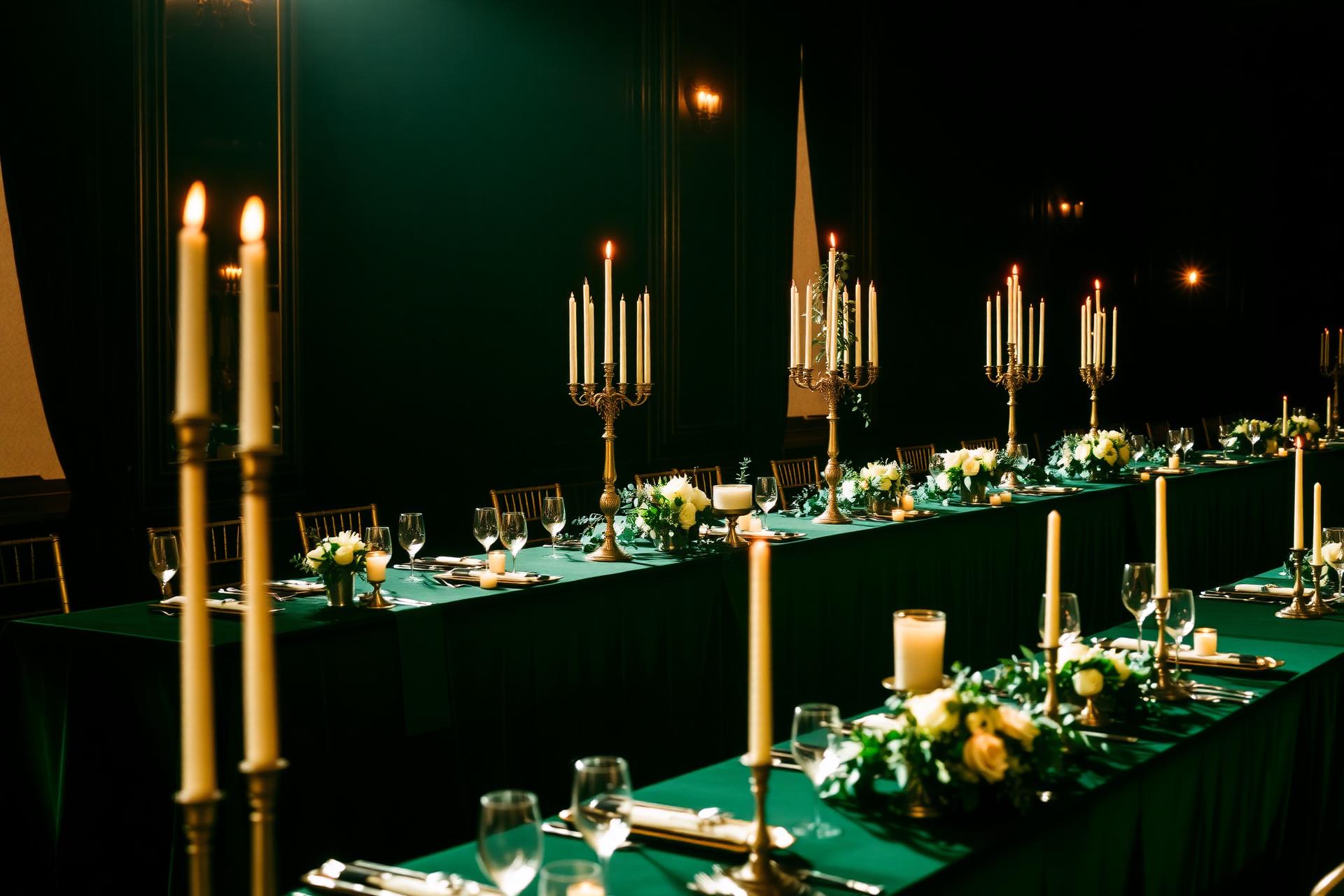 Elegant emerald and gold wedding tablescape